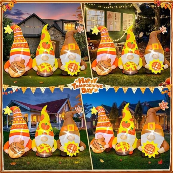 6FT Thanksgiving Inflatables Decorations Three Gnomes Blow Up with LED Lights - Picture 3 of 7